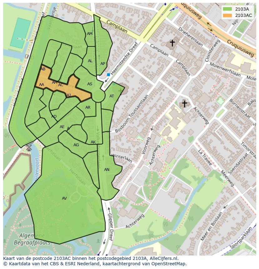 Afbeelding van het postcodegebied 2103 AC op de kaart.