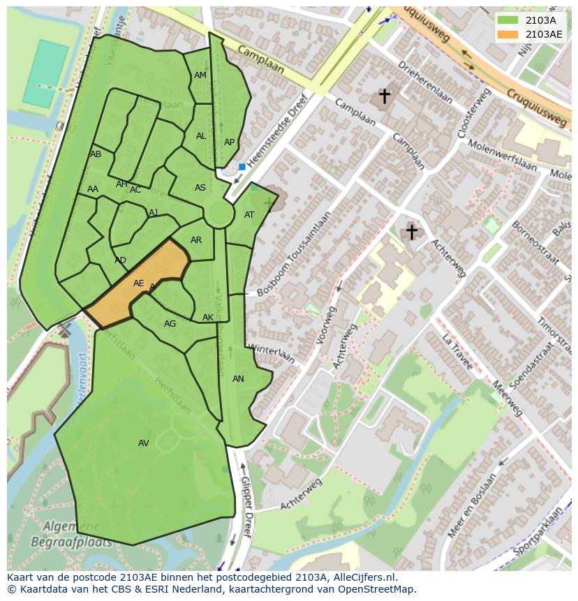 Afbeelding van het postcodegebied 2103 AE op de kaart.
