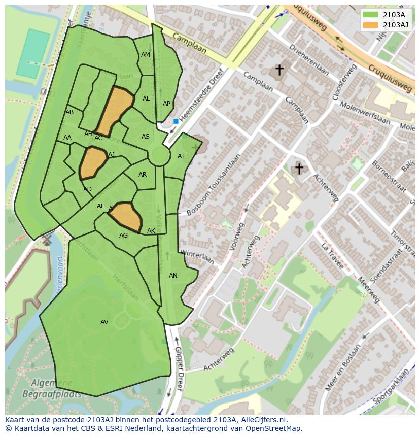 Afbeelding van het postcodegebied 2103 AJ op de kaart.