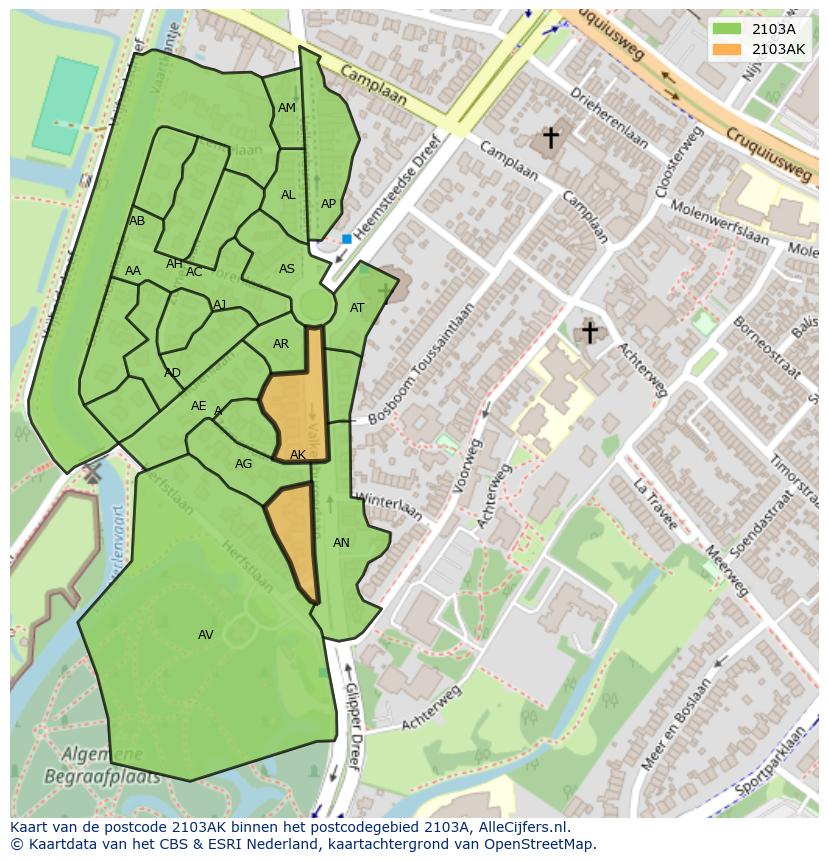 Afbeelding van het postcodegebied 2103 AK op de kaart.