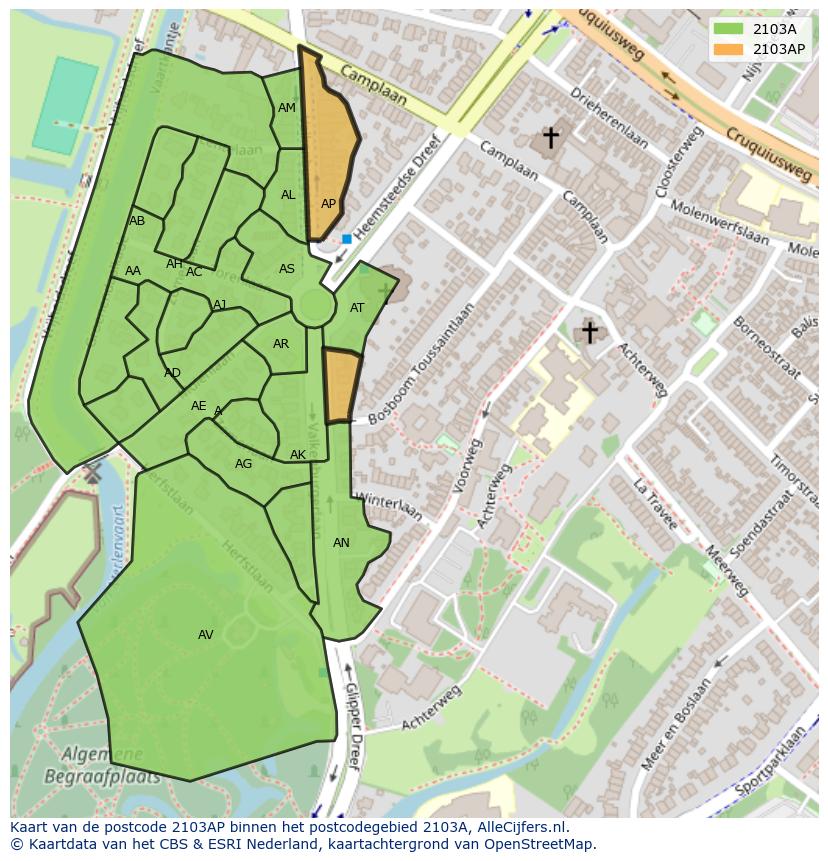 Afbeelding van het postcodegebied 2103 AP op de kaart.
