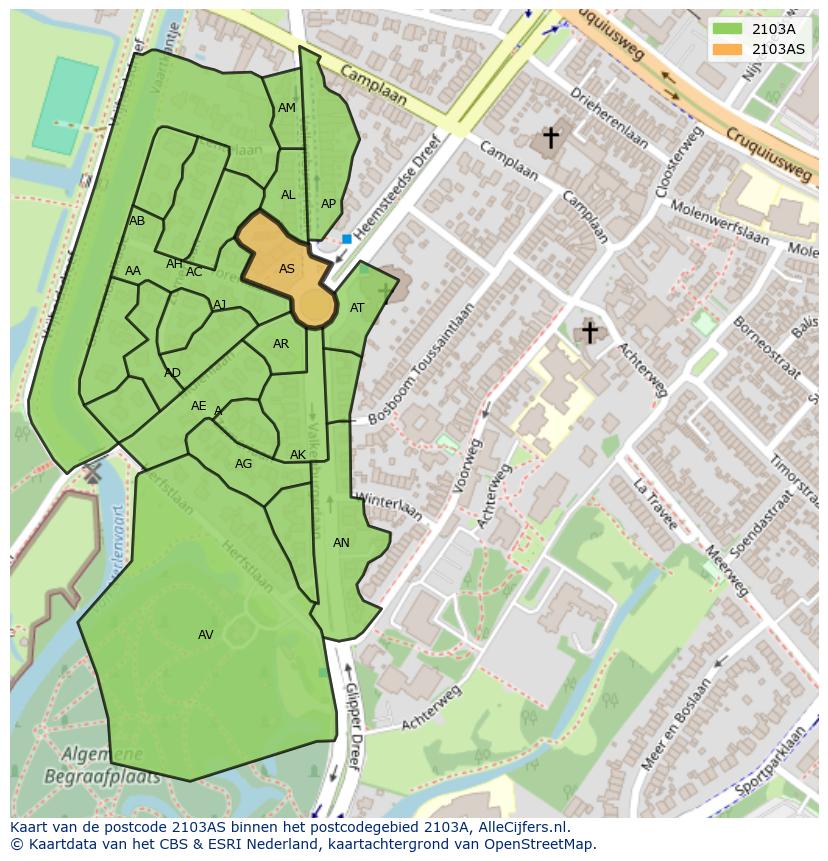 Afbeelding van het postcodegebied 2103 AS op de kaart.