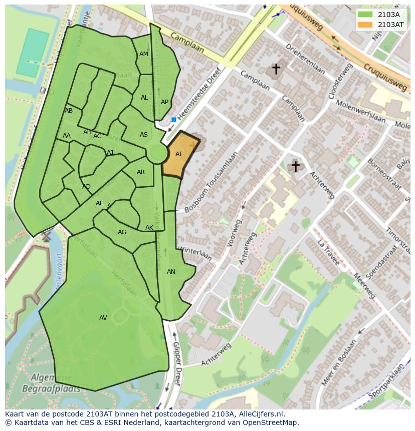 Afbeelding van het postcodegebied 2103 AT op de kaart.