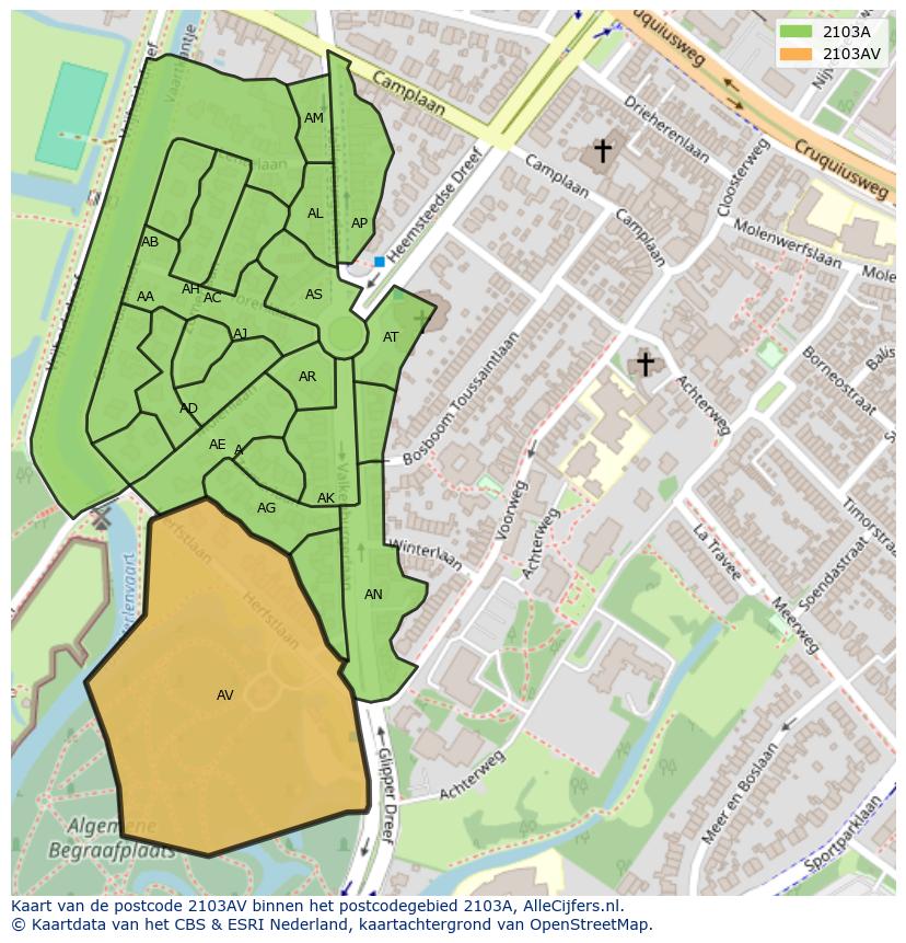 Afbeelding van het postcodegebied 2103 AV op de kaart.