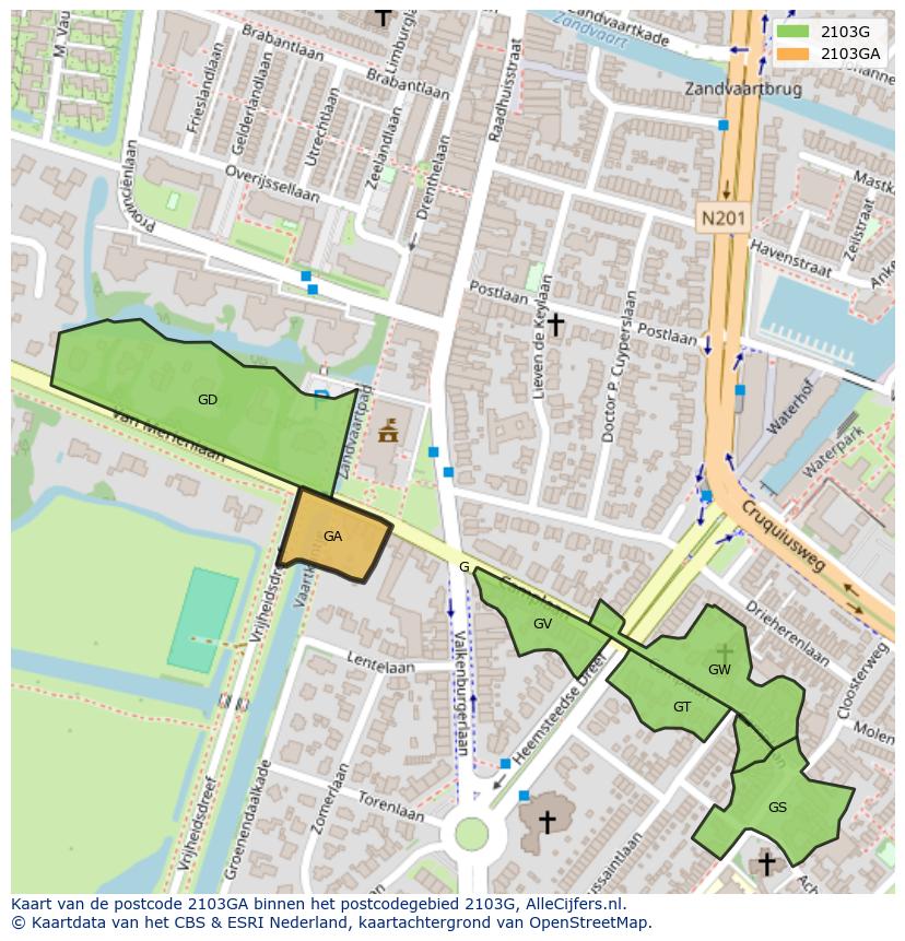 Afbeelding van het postcodegebied 2103 GA op de kaart.