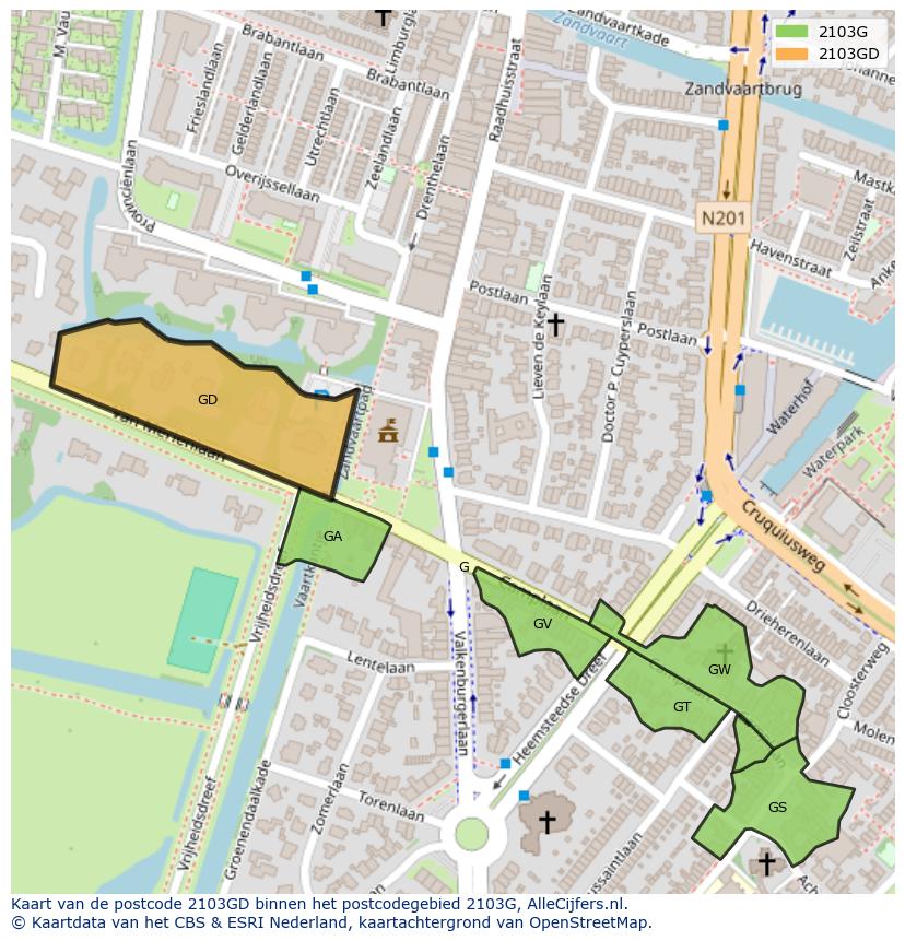 Afbeelding van het postcodegebied 2103 GD op de kaart.