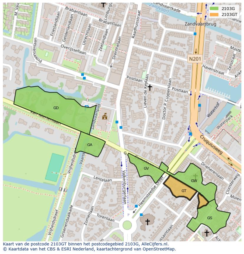 Afbeelding van het postcodegebied 2103 GT op de kaart.
