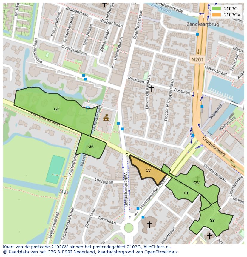 Afbeelding van het postcodegebied 2103 GV op de kaart.