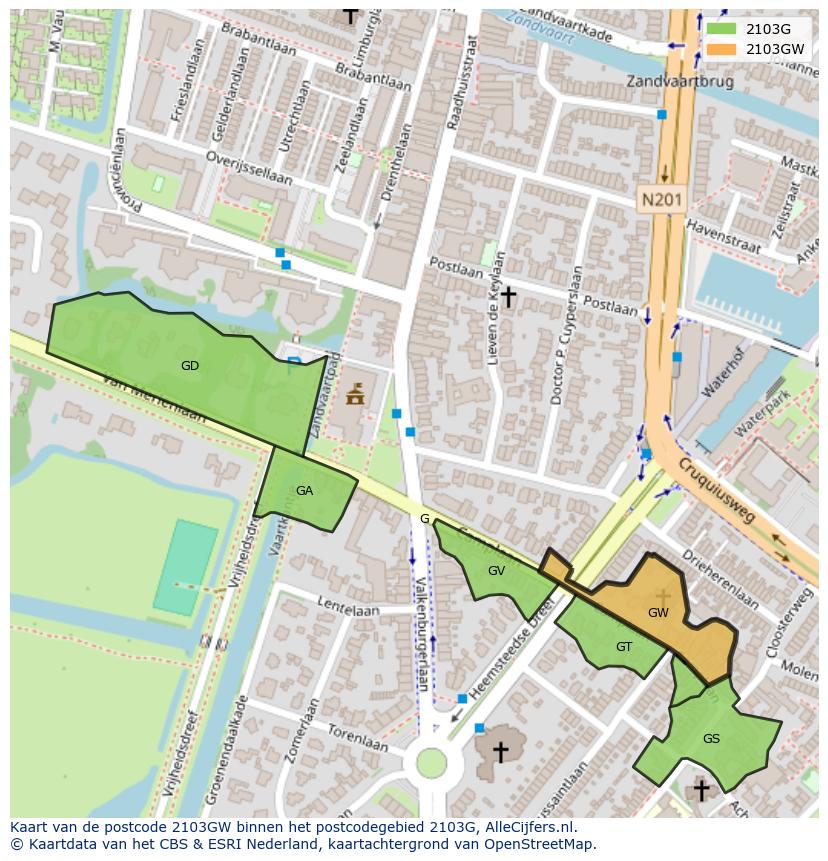 Afbeelding van het postcodegebied 2103 GW op de kaart.
