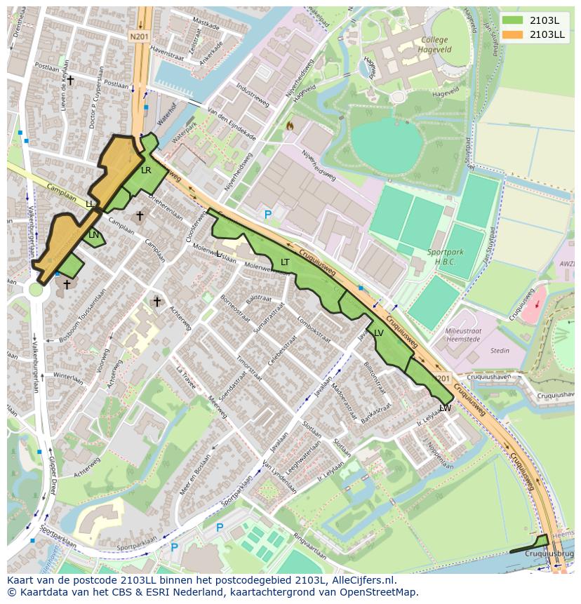 Afbeelding van het postcodegebied 2103 LL op de kaart.