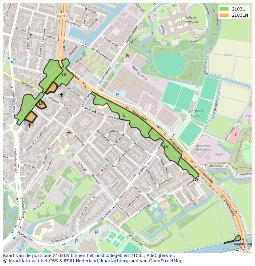 Afbeelding van het postcodegebied 2103 LN op de kaart.