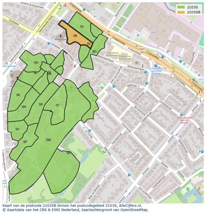 Afbeelding van het postcodegebied 2103 SB op de kaart.