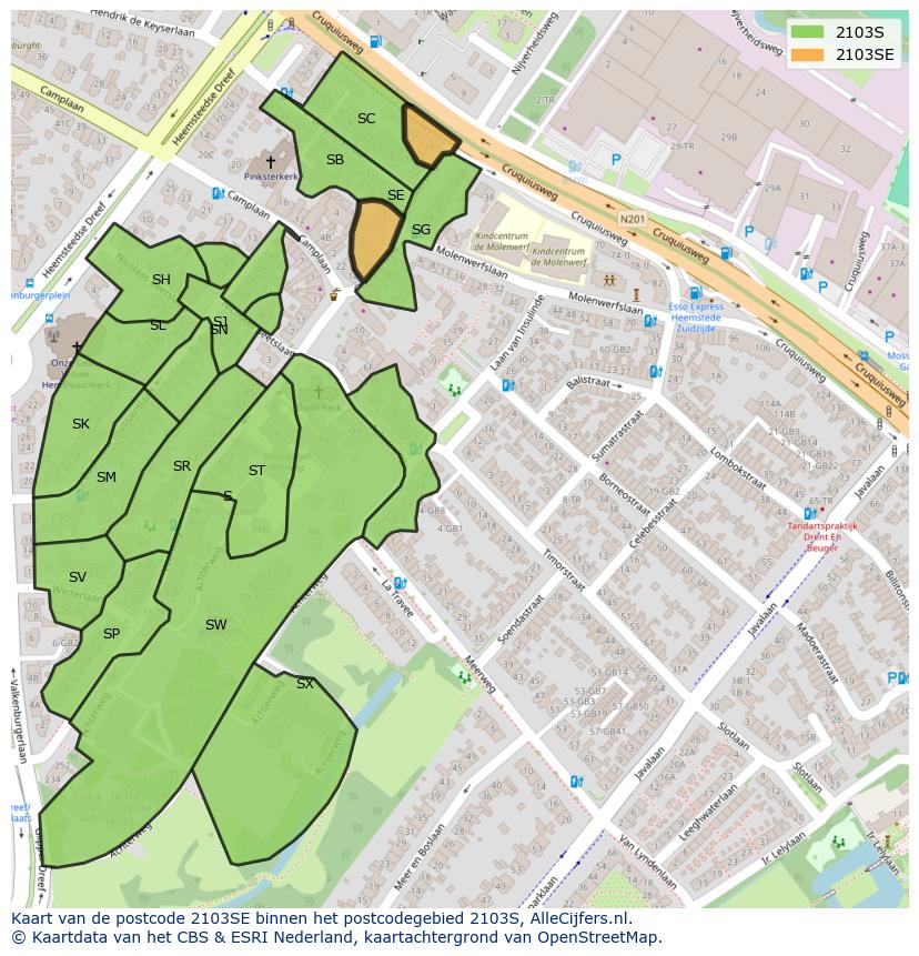 Afbeelding van het postcodegebied 2103 SE op de kaart.