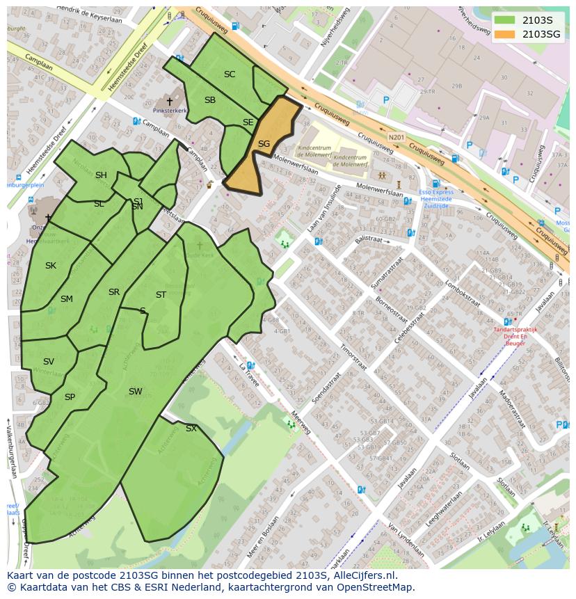 Afbeelding van het postcodegebied 2103 SG op de kaart.