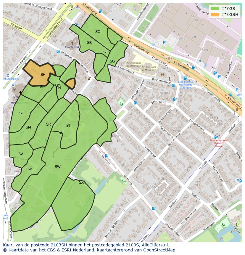 Afbeelding van het postcodegebied 2103 SH op de kaart.
