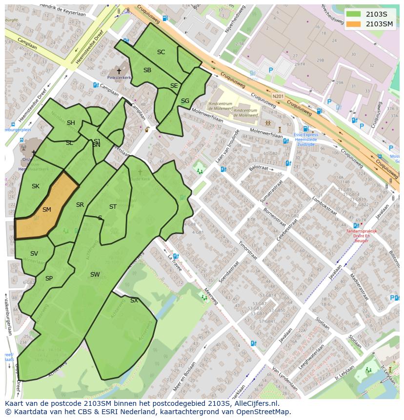 Afbeelding van het postcodegebied 2103 SM op de kaart.