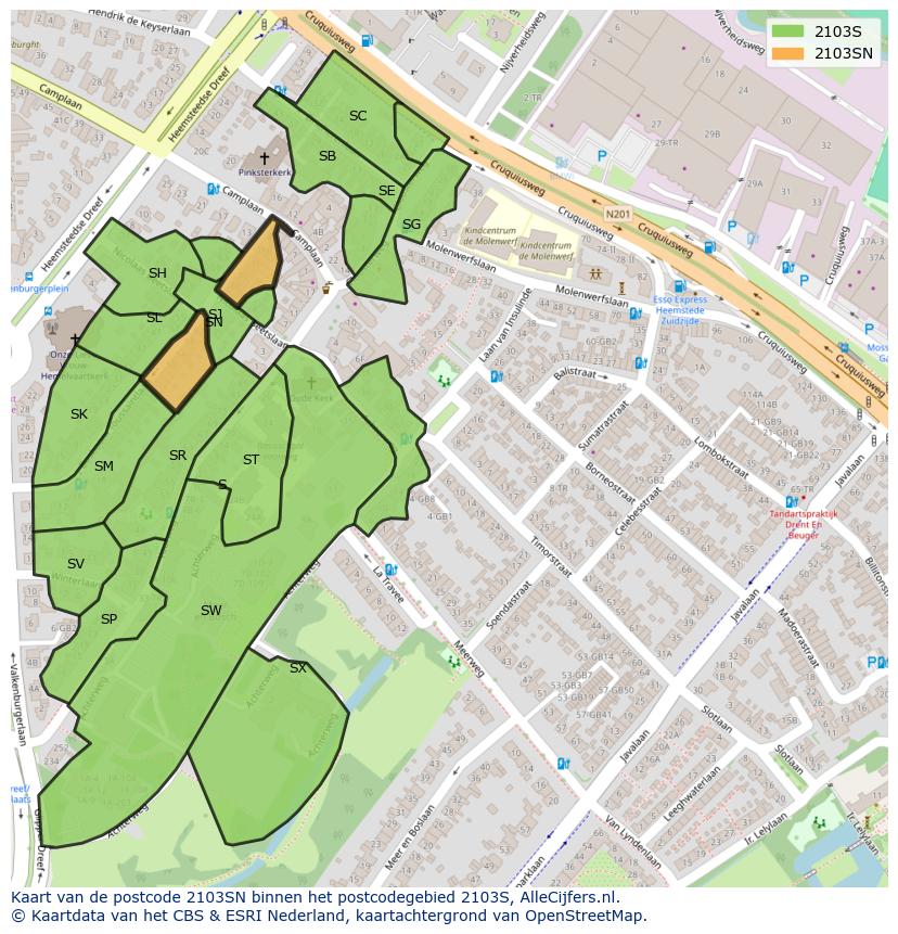 Afbeelding van het postcodegebied 2103 SN op de kaart.