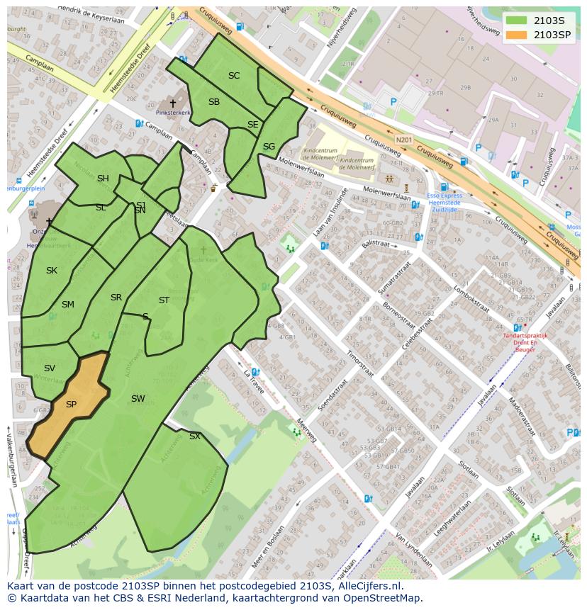 Afbeelding van het postcodegebied 2103 SP op de kaart.