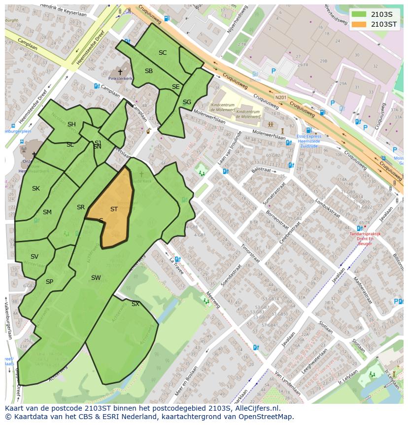 Afbeelding van het postcodegebied 2103 ST op de kaart.