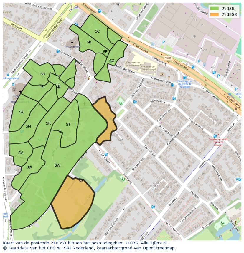 Afbeelding van het postcodegebied 2103 SX op de kaart.