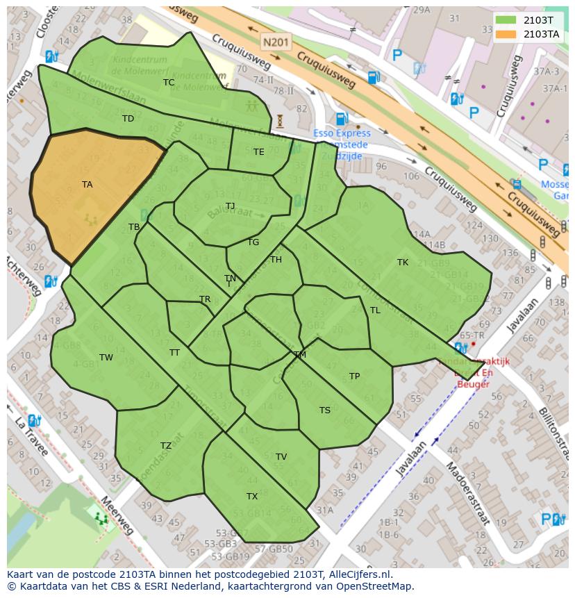 Afbeelding van het postcodegebied 2103 TA op de kaart.