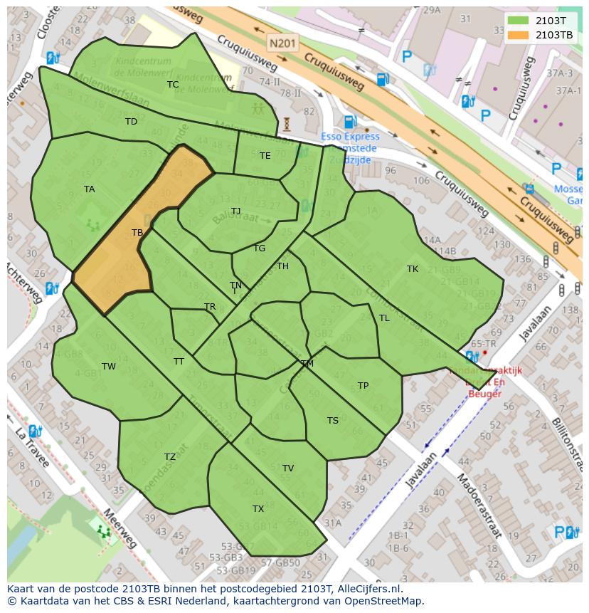 Afbeelding van het postcodegebied 2103 TB op de kaart.