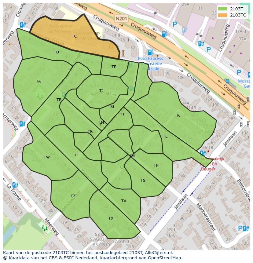 Afbeelding van het postcodegebied 2103 TC op de kaart.