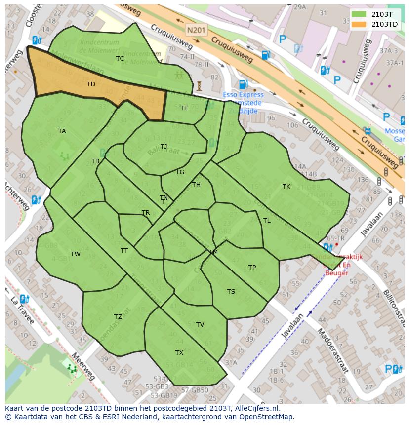 Afbeelding van het postcodegebied 2103 TD op de kaart.