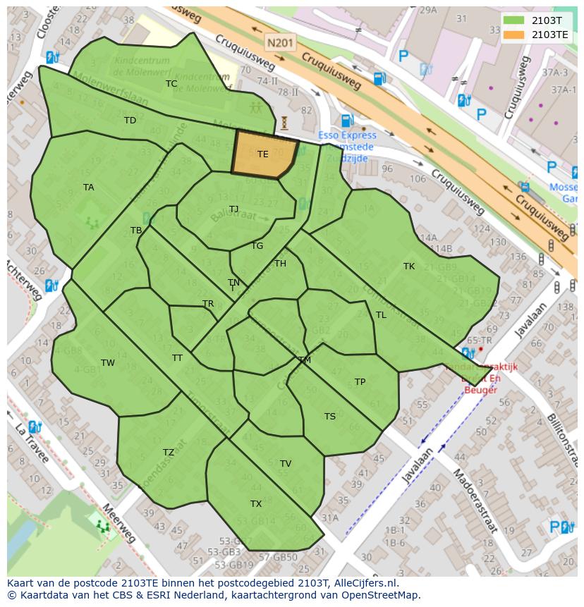 Afbeelding van het postcodegebied 2103 TE op de kaart.
