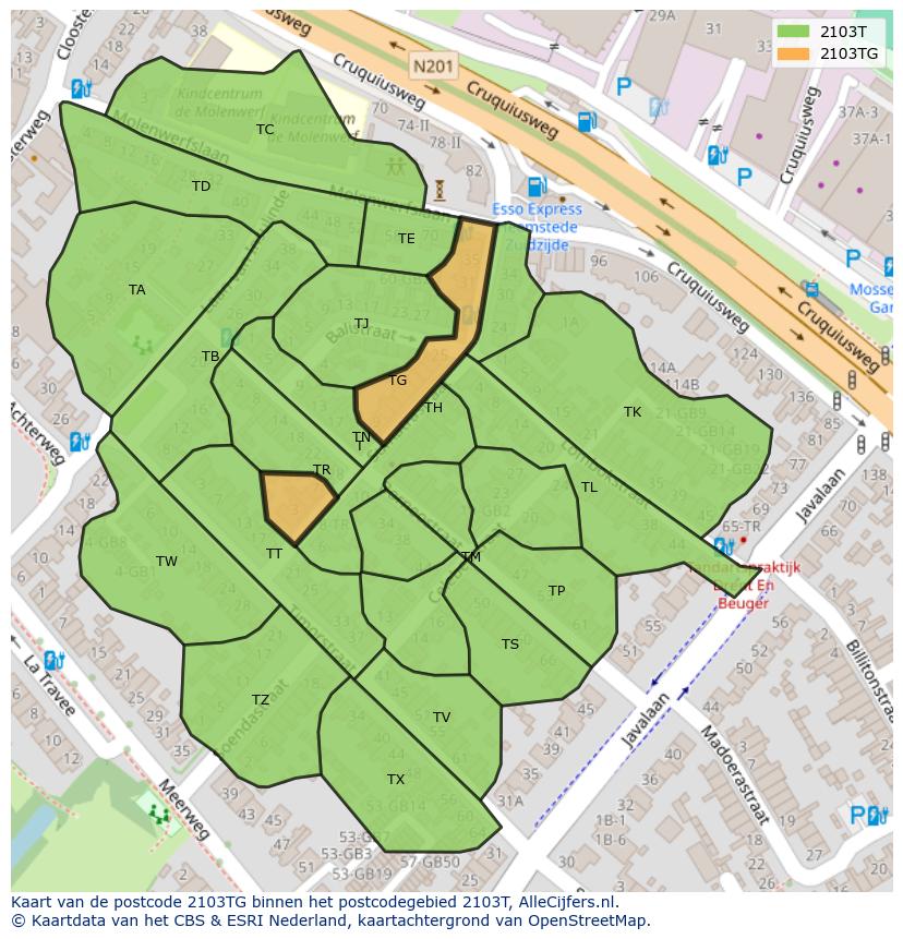 Afbeelding van het postcodegebied 2103 TG op de kaart.