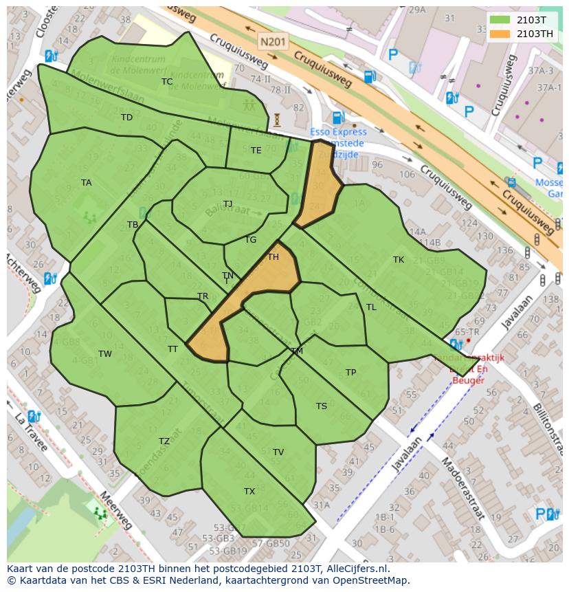 Afbeelding van het postcodegebied 2103 TH op de kaart.