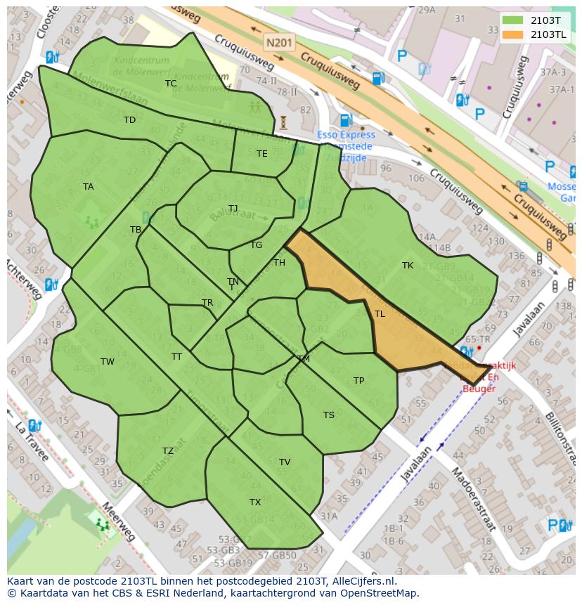 Afbeelding van het postcodegebied 2103 TL op de kaart.