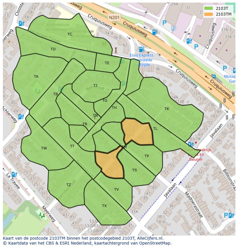 Afbeelding van het postcodegebied 2103 TM op de kaart.