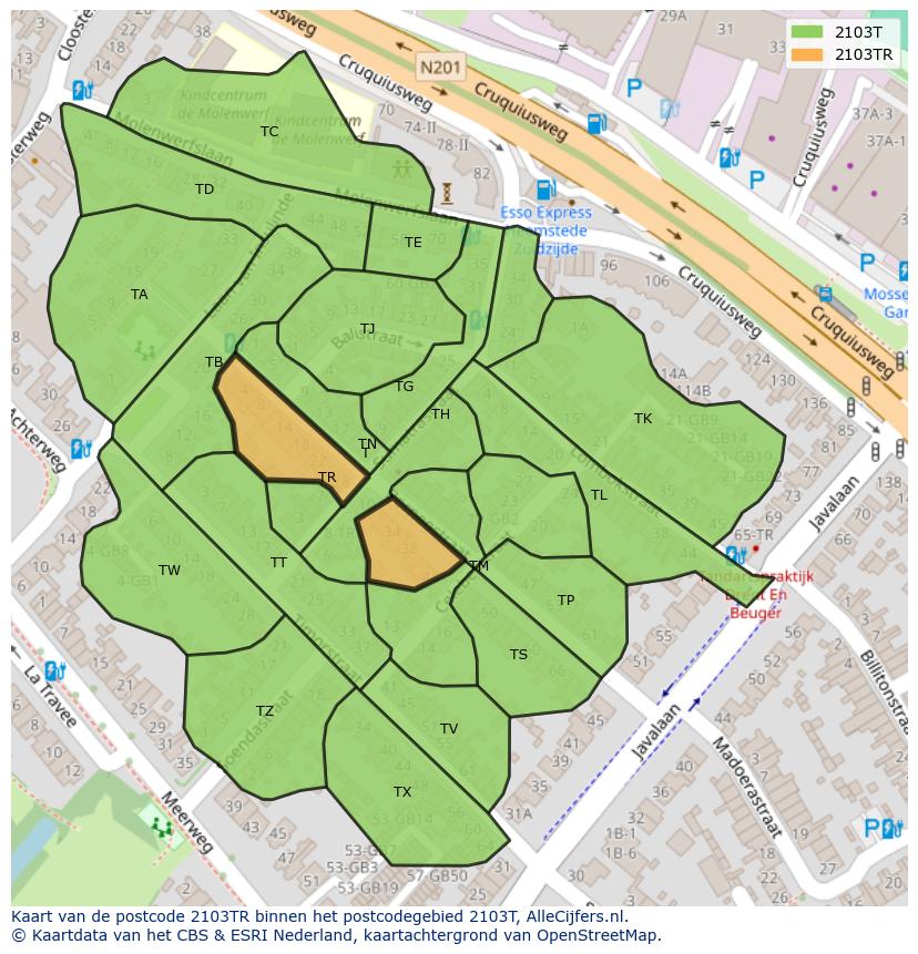 Afbeelding van het postcodegebied 2103 TR op de kaart.