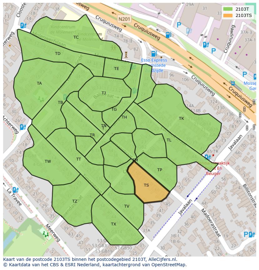 Afbeelding van het postcodegebied 2103 TS op de kaart.