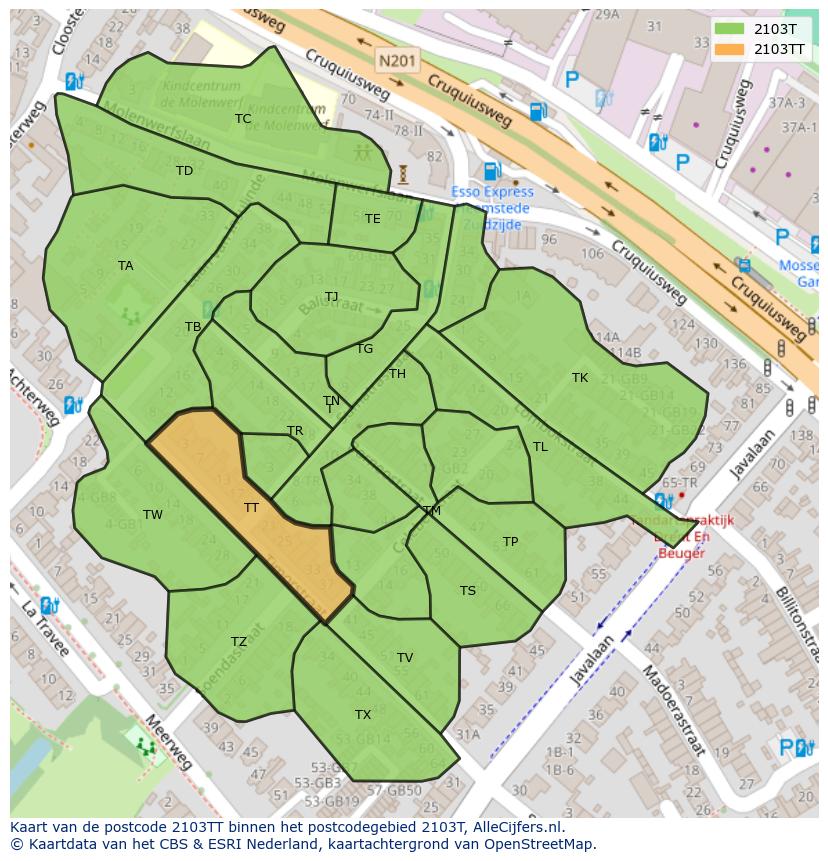 Afbeelding van het postcodegebied 2103 TT op de kaart.