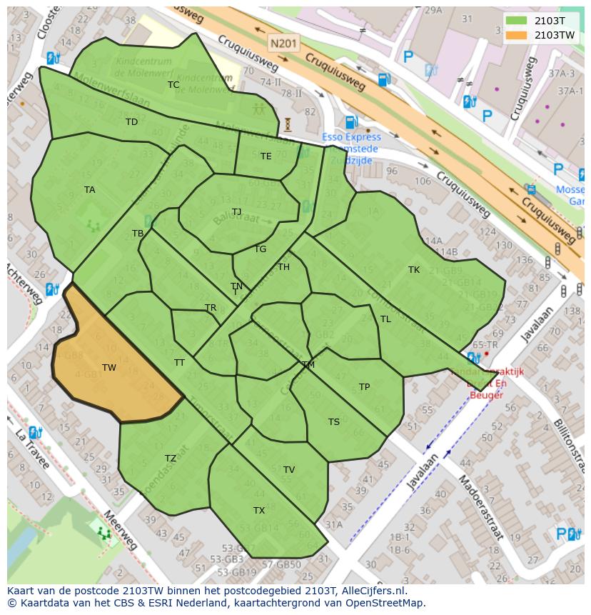 Afbeelding van het postcodegebied 2103 TW op de kaart.