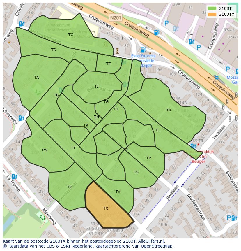 Afbeelding van het postcodegebied 2103 TX op de kaart.
