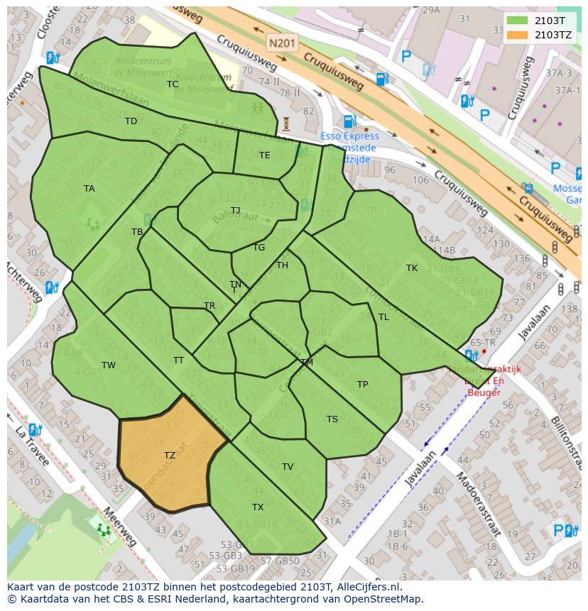 Afbeelding van het postcodegebied 2103 TZ op de kaart.