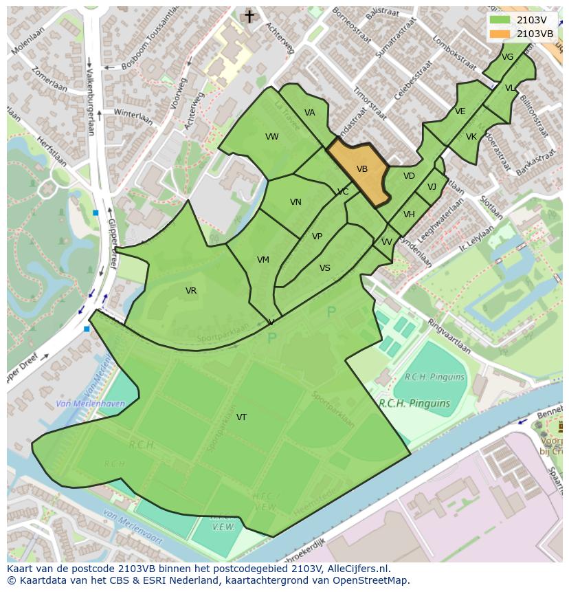 Afbeelding van het postcodegebied 2103 VB op de kaart.
