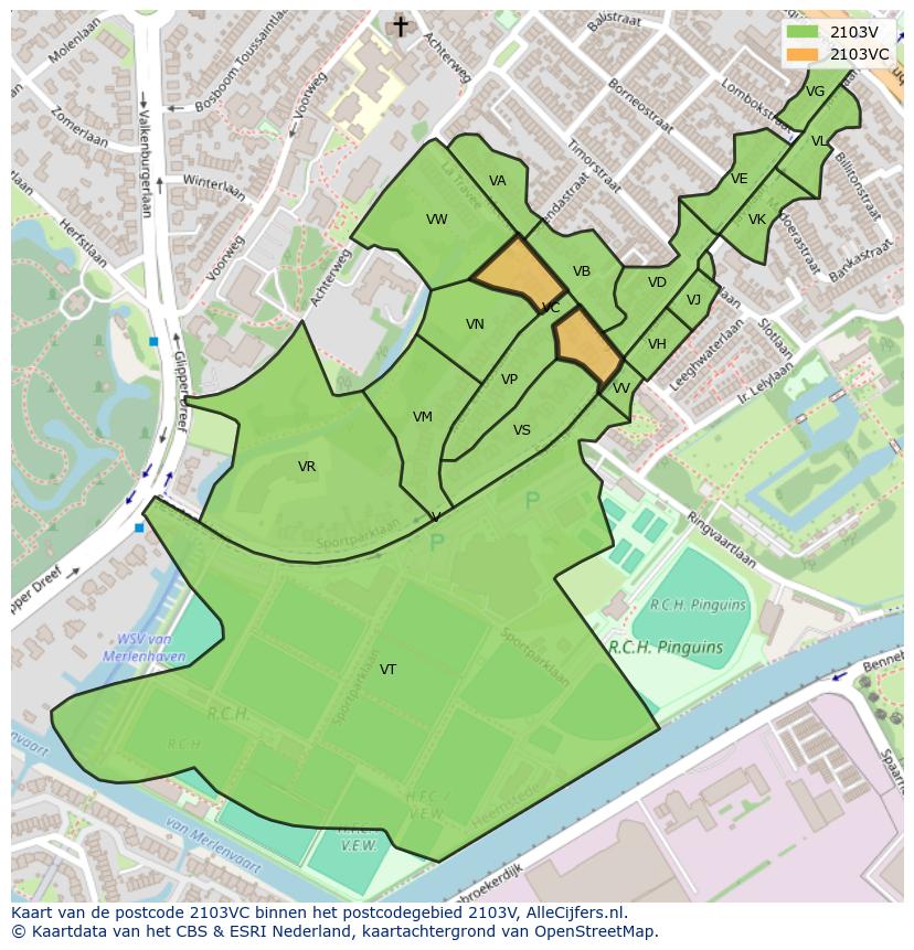 Afbeelding van het postcodegebied 2103 VC op de kaart.