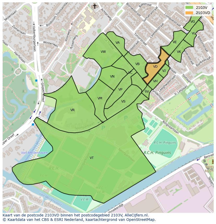 Afbeelding van het postcodegebied 2103 VD op de kaart.