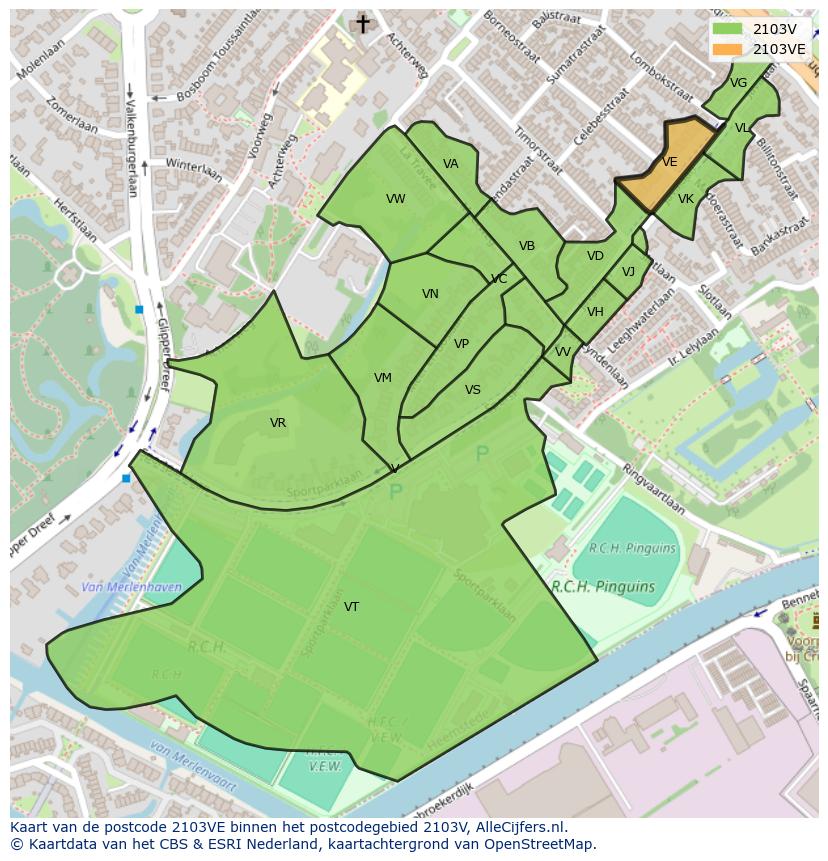 Afbeelding van het postcodegebied 2103 VE op de kaart.