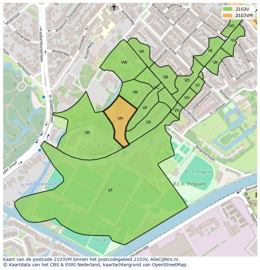 Afbeelding van het postcodegebied 2103 VM op de kaart.