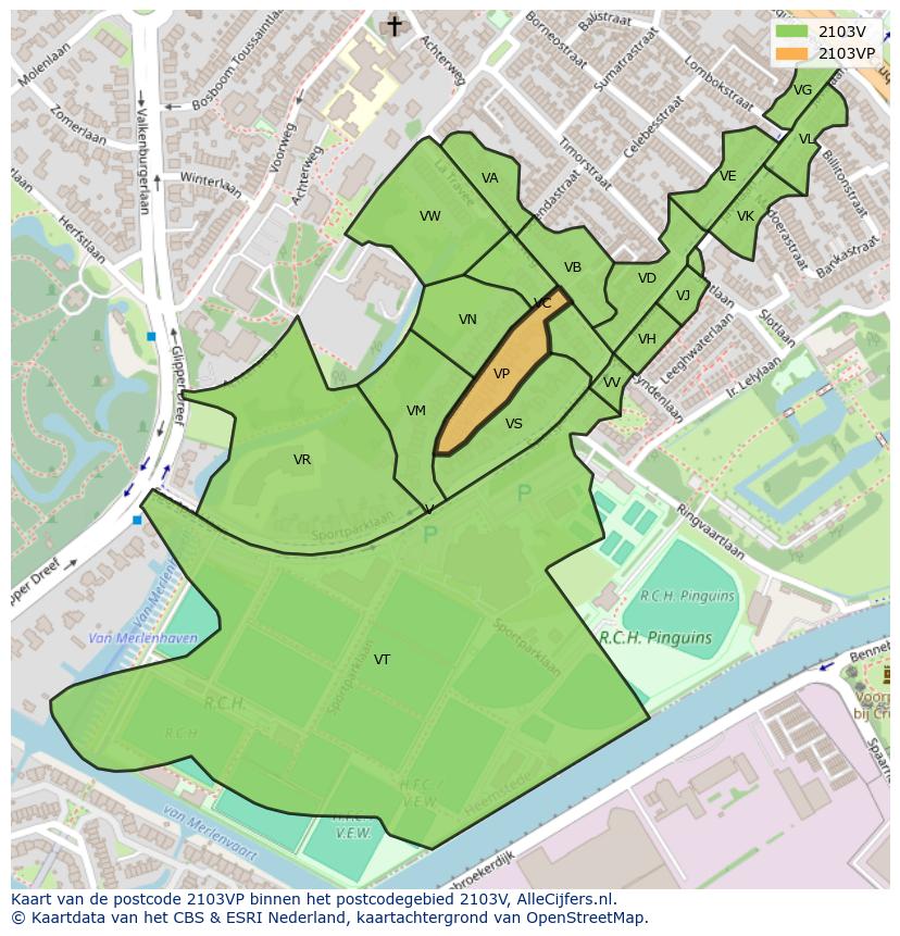 Afbeelding van het postcodegebied 2103 VP op de kaart.