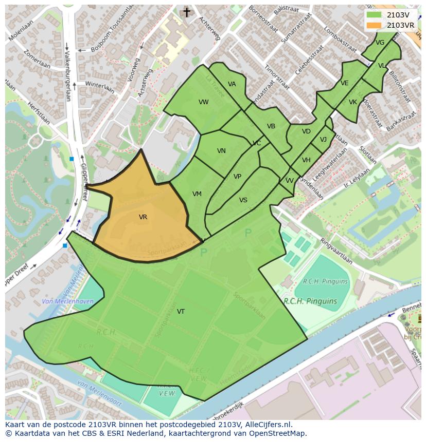 Afbeelding van het postcodegebied 2103 VR op de kaart.