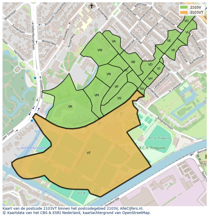 Afbeelding van het postcodegebied 2103 VT op de kaart.