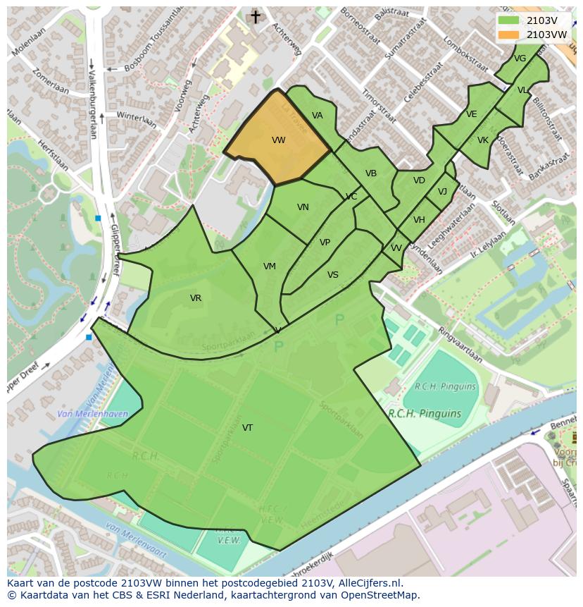 Afbeelding van het postcodegebied 2103 VW op de kaart.