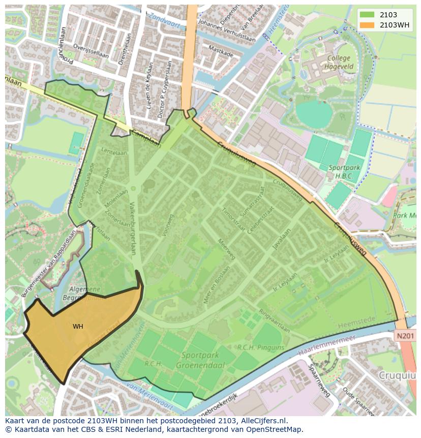 Afbeelding van het postcodegebied 2103 WH op de kaart.