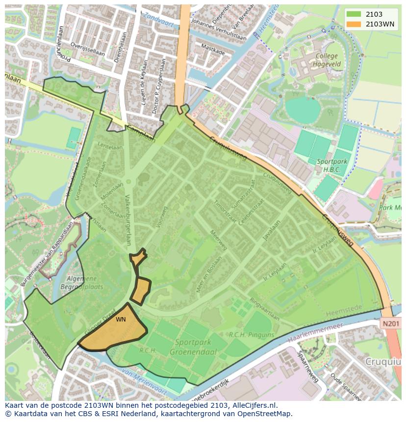 Afbeelding van het postcodegebied 2103 WN op de kaart.